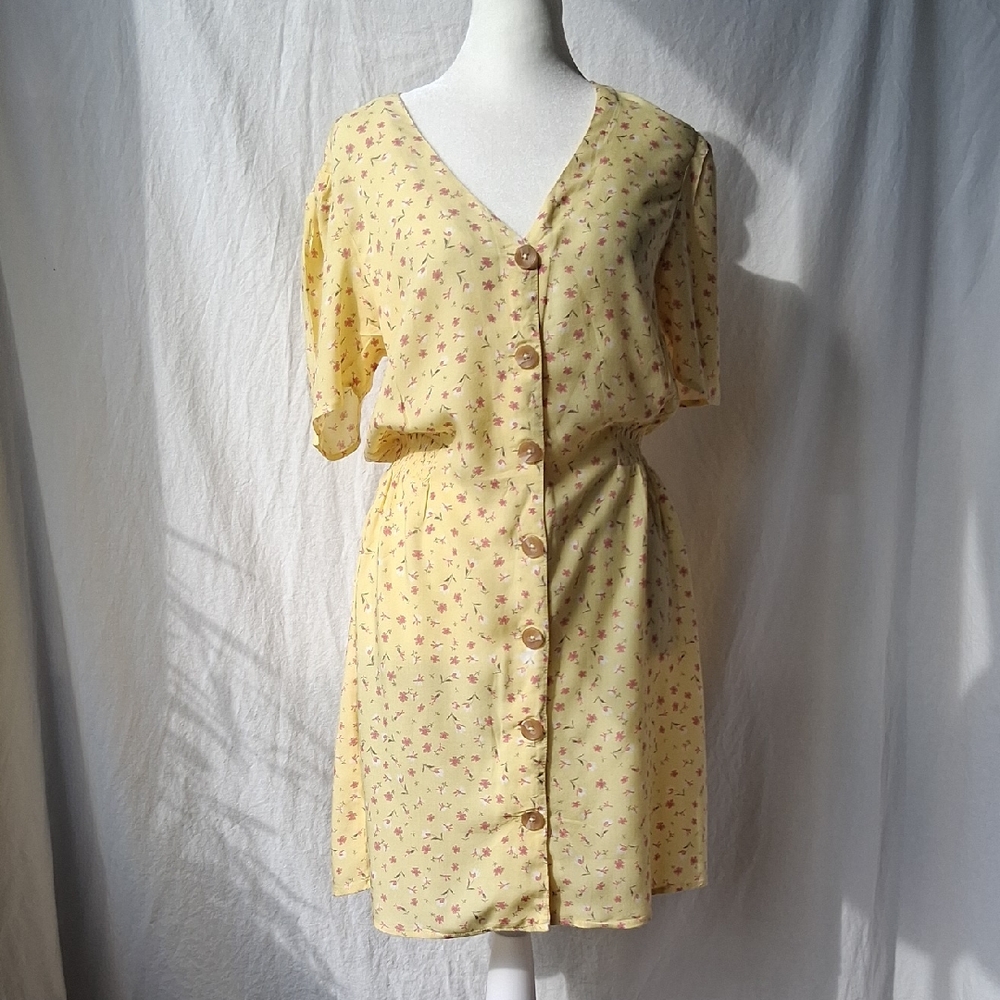 ABOUND Yellow Floral Button-Down Dress V-neck Size M